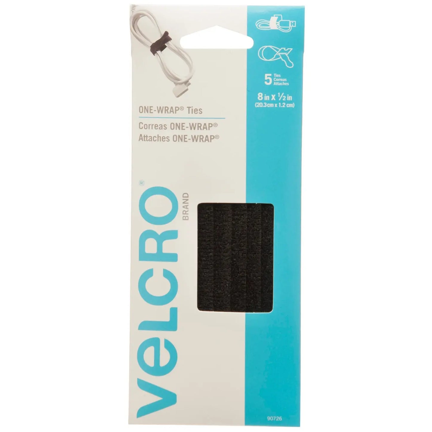 Velcro One-Wrap Ties, Black, 1/2" x 8", 5/PK