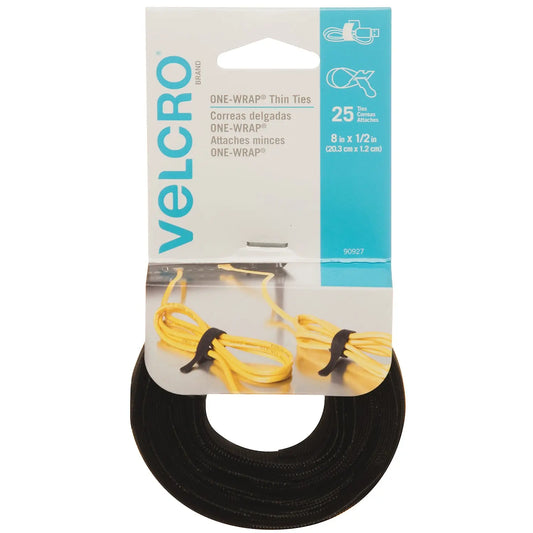 Velcro One-Wrap Thin Ties, Black, 1/2" x 8", 25/PK