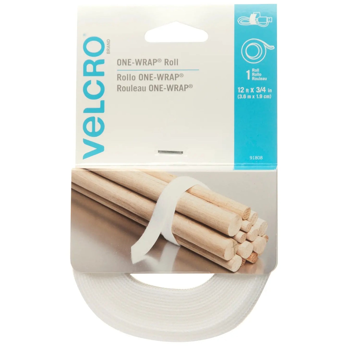 Velcro One-Wrap Roll, White, 3/4" x 12'