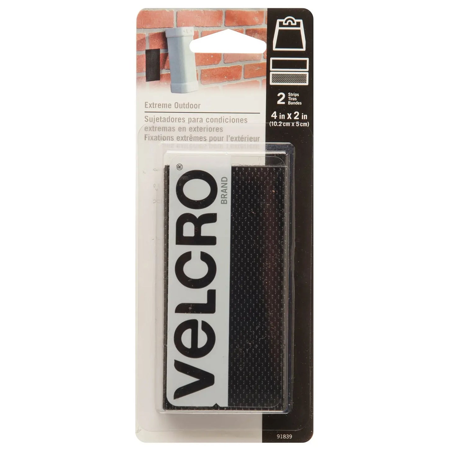 Velcro Extreme Outdoor Strip Fasteners, Black, 4" x 2", 2 Strips/PK