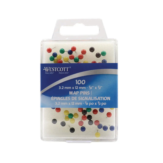 Acme Map Tacks, Assorted Colours, 1/8" x 1/2", Pack of 100