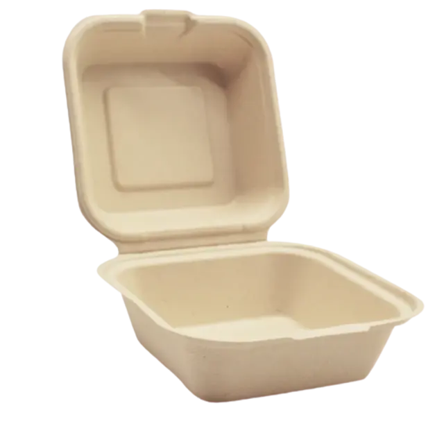 TAKE OUT BAGASSE 6x6x3" HAMBURGER 50/SLV