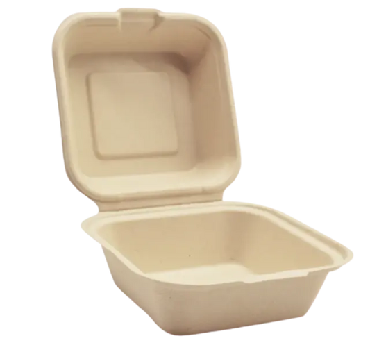 TAKE OUT BAGASSE 6x6x3" HAMBURGER 50/SLV