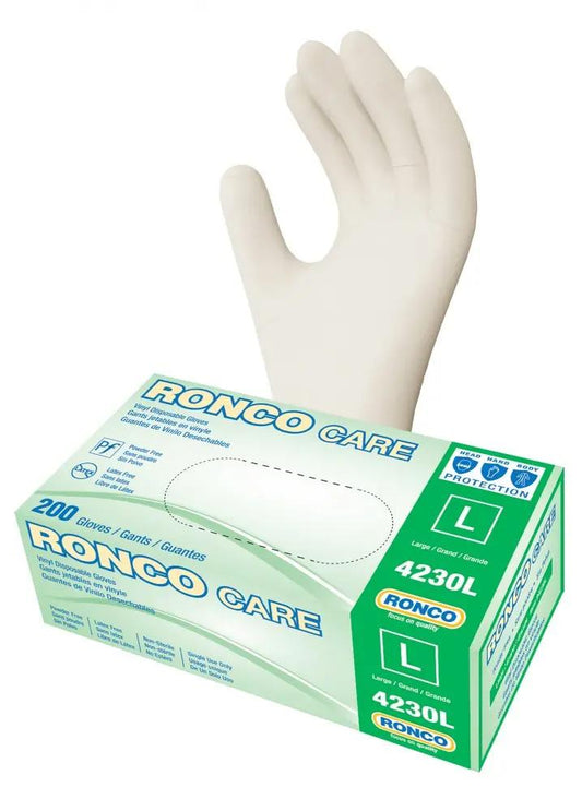 Ronco Care Vinyl Clear Examination Glove Powder Free - X-Large (200 Gloves/Bx)