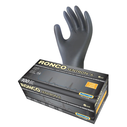 Ronco Sentron 6 Nitrile Examination Gloves, XL, 6 mil, Black, Box of 100