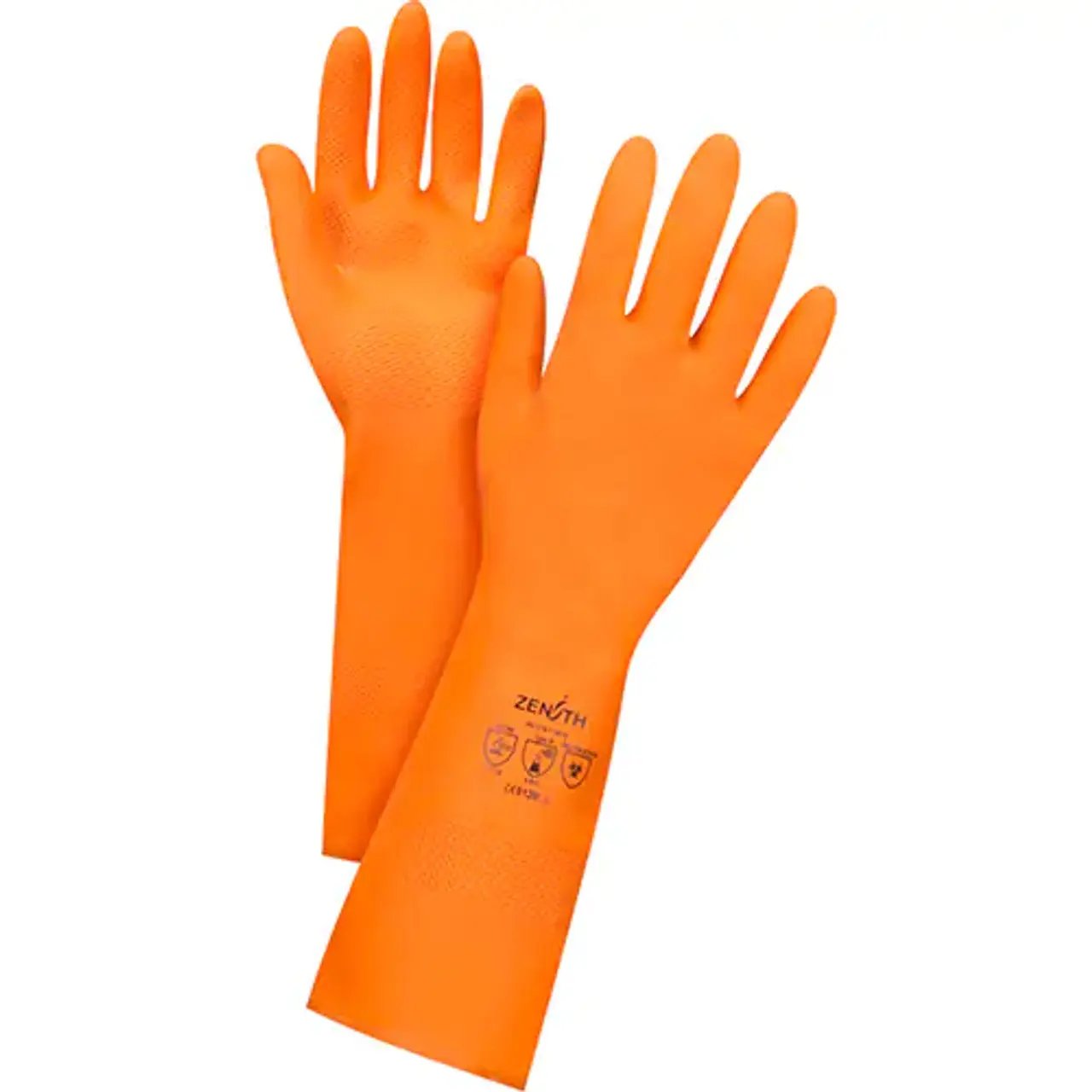 Orange Glove, Size Medium/8, 13" L, Rubber Latex, Flock-Lined Inner Lining, 28-mil Pair