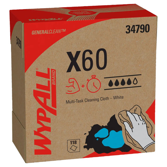 Wypall X60 Reusable Cloths (34790) in Pop-Up Box, White (118 Sheets/Box)