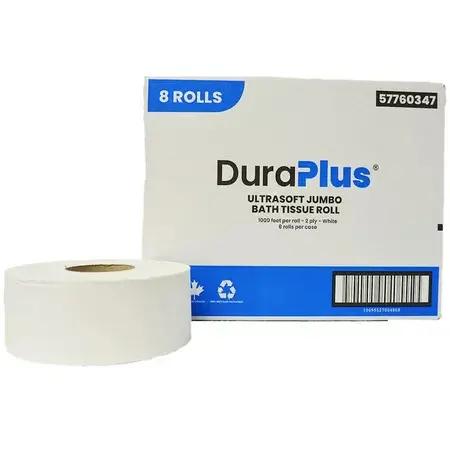 DuraPlus® UltraSoft Jumbo Bath Tissue, 2-Ply, White, Roll of 600 Sheets, Carton of 8 Rolls