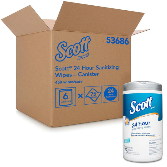 Scott® 24 Hour Sanitizing Wipes, White, Canister of 75 Wipes, Carton of 6 Canisters