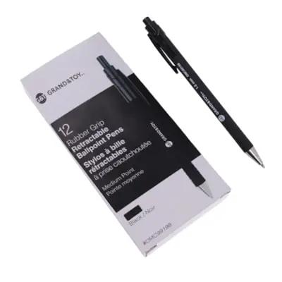 Grand & Toy Rubber Barrel Retractable Ballpoint Pens, Black, Medium, 1.0 mm (12/pk)